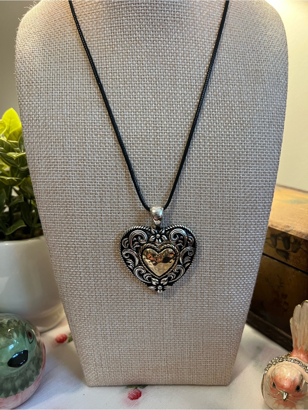 Two-Tone Filigree Heart Pendant Necklace in Silver and Gold on Black Cord